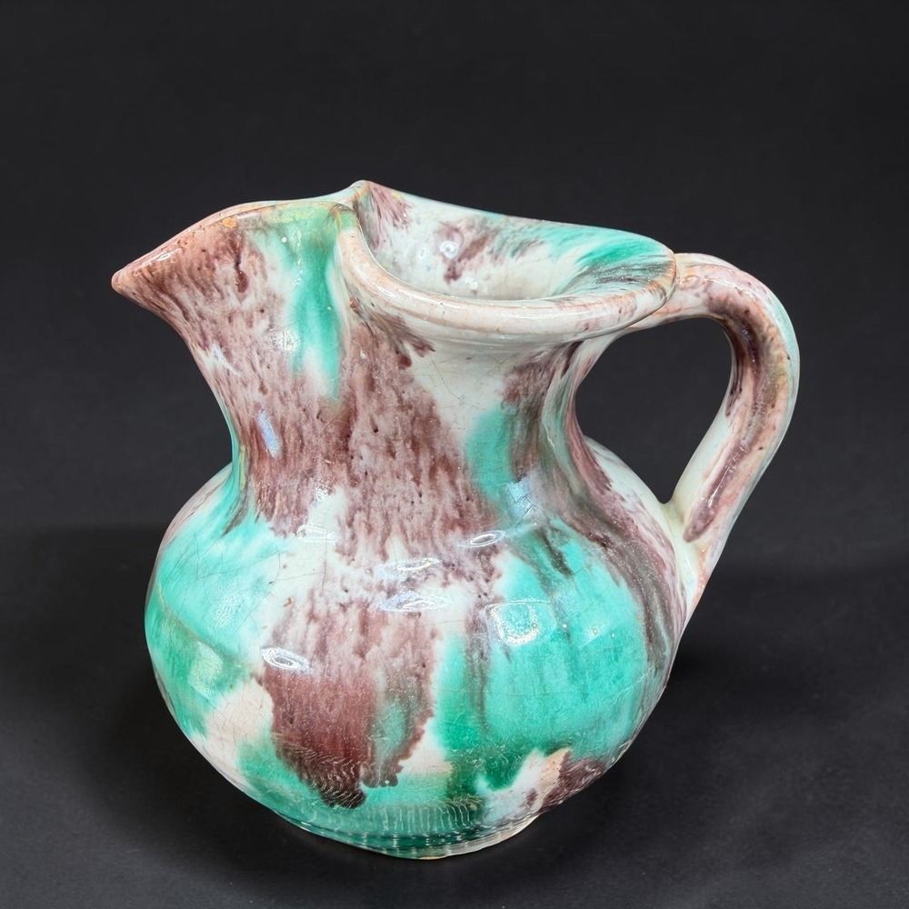 Vintage Studio Art Pottery Drip Glaze Pitcher Creamer Jug Small Ruffled Rim VTG